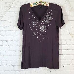 Celestial Embroidered V-Neck Dark Gray Loose Fit Tee Tshirt Womens Size Small